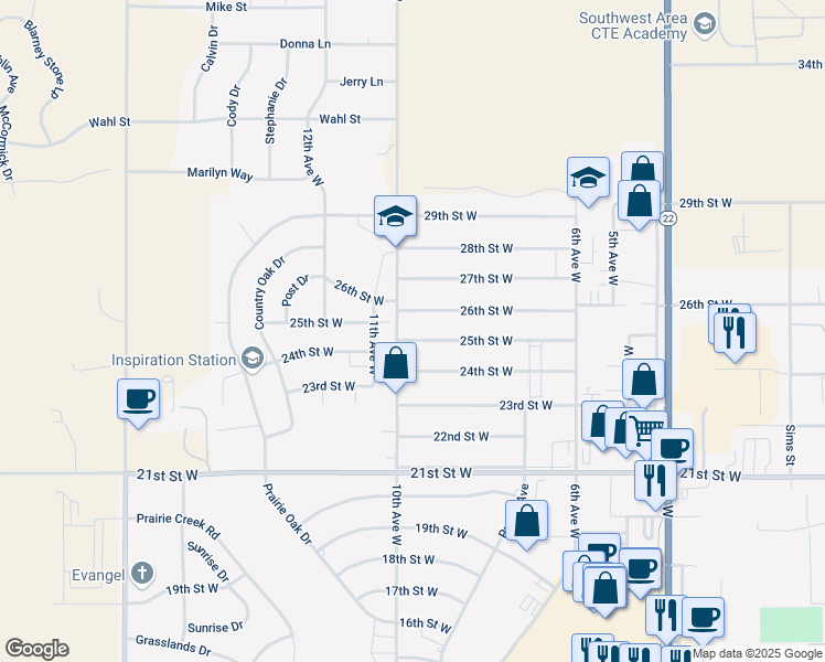 map of restaurants, bars, coffee shops, grocery stores, and more near 604-998 26th Street West in Dickinson
