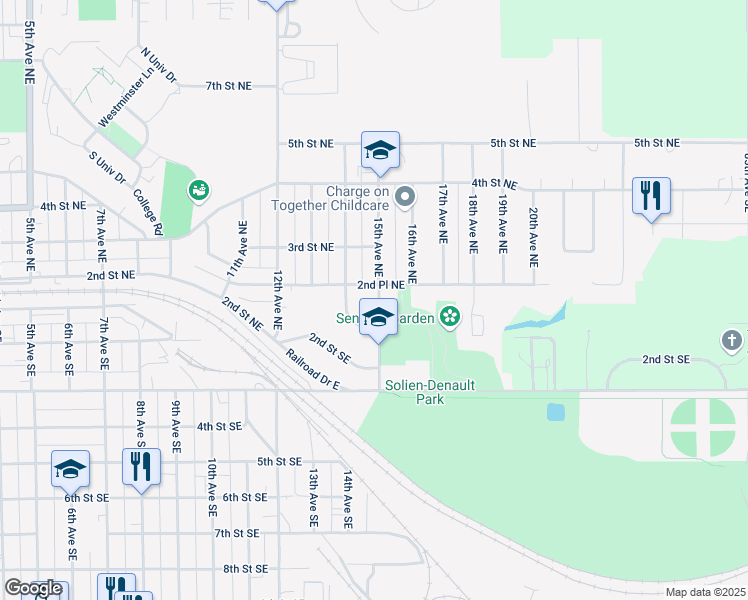 map of restaurants, bars, coffee shops, grocery stores, and more near 1453-1499 2nd Place Northeast in Jamestown