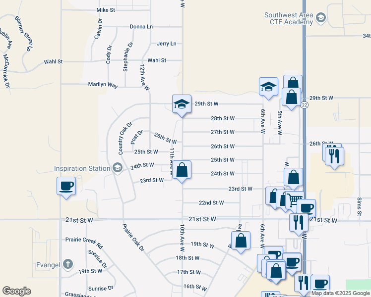 map of restaurants, bars, coffee shops, grocery stores, and more near 604-998 26th Street West in Dickinson