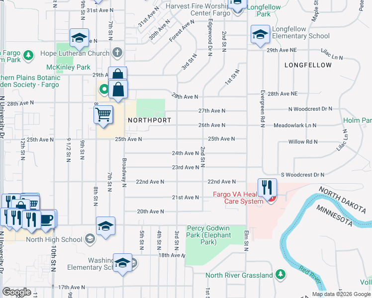 map of restaurants, bars, coffee shops, grocery stores, and more near 210-214 25th Avenue North in Fargo