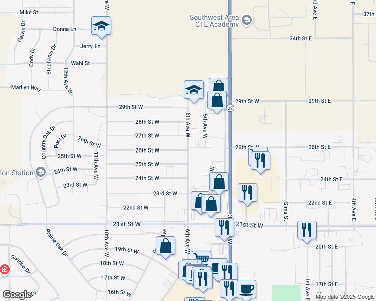 map of restaurants, bars, coffee shops, grocery stores, and more near 600 26th Street West in Dickinson