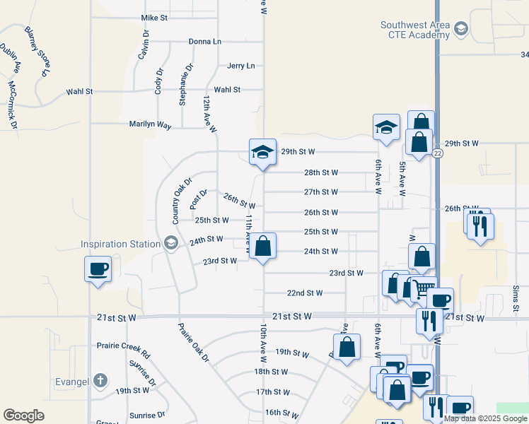 map of restaurants, bars, coffee shops, grocery stores, and more near 998 26th Street West in Dickinson