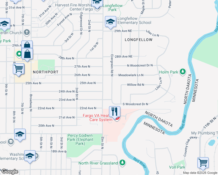 map of restaurants, bars, coffee shops, grocery stores, and more near 2410 Evergreen Road North in Fargo