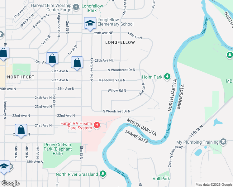 map of restaurants, bars, coffee shops, grocery stores, and more near 2537 Willow Rd NE in Fargo