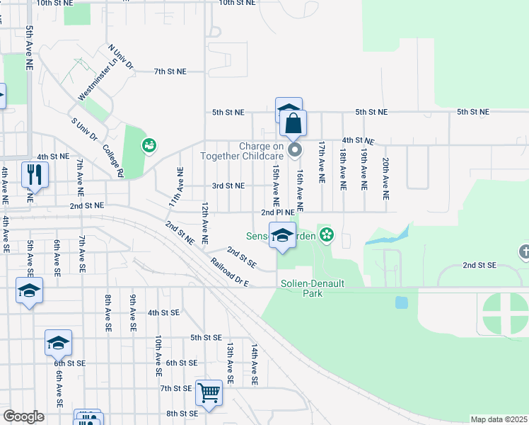 map of restaurants, bars, coffee shops, grocery stores, and more near 1453 2nd Place Northeast in Jamestown