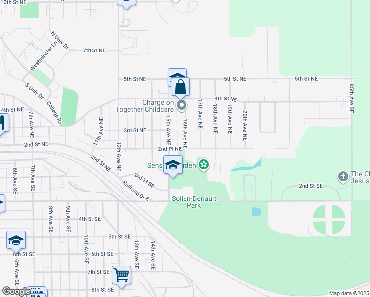 map of restaurants, bars, coffee shops, grocery stores, and more near 201 16th Avenue Northeast in Jamestown