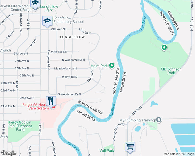 map of restaurants, bars, coffee shops, grocery stores, and more near 2491 Lilac Lane North in Fargo