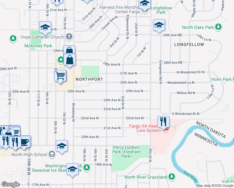 map of restaurants, bars, coffee shops, grocery stores, and more near 210 25th Ave N in Fargo