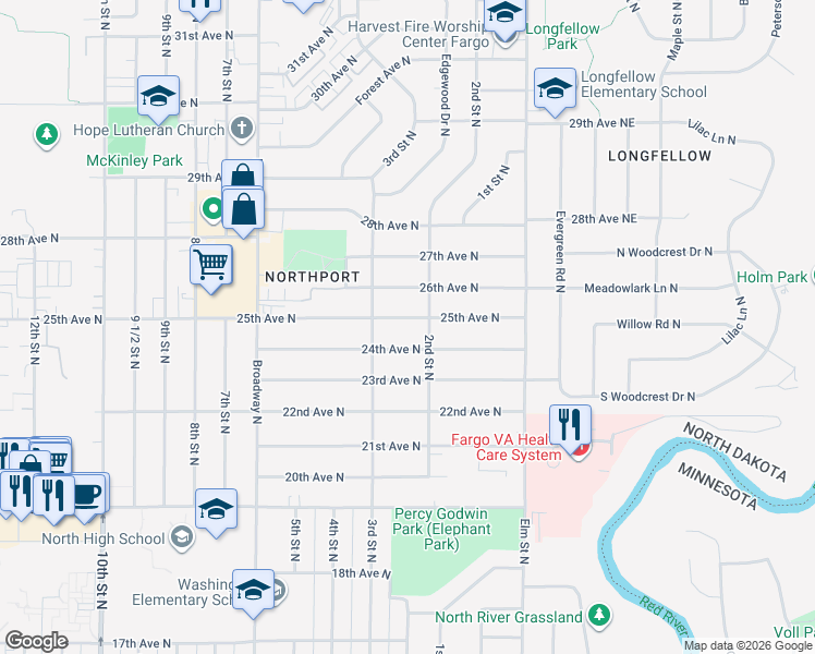 map of restaurants, bars, coffee shops, grocery stores, and more near 210 25th Avenue North in Fargo