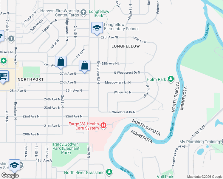 map of restaurants, bars, coffee shops, grocery stores, and more near 2514 Willow Road North in Fargo