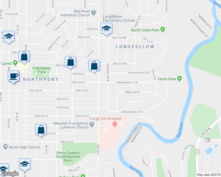 map of restaurants, bars, coffee shops, grocery stores, and more near 2410 Evergreen Road North in Fargo