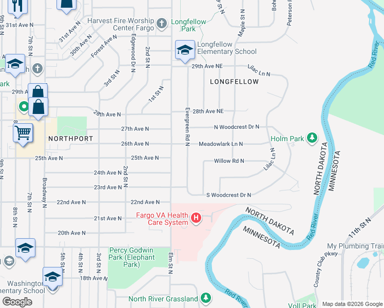 map of restaurants, bars, coffee shops, grocery stores, and more near 2410 Evergreen Road North in Fargo