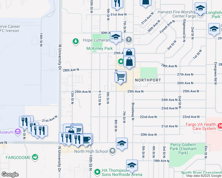 map of restaurants, bars, coffee shops, grocery stores, and more near 2409 9th Street North in Fargo