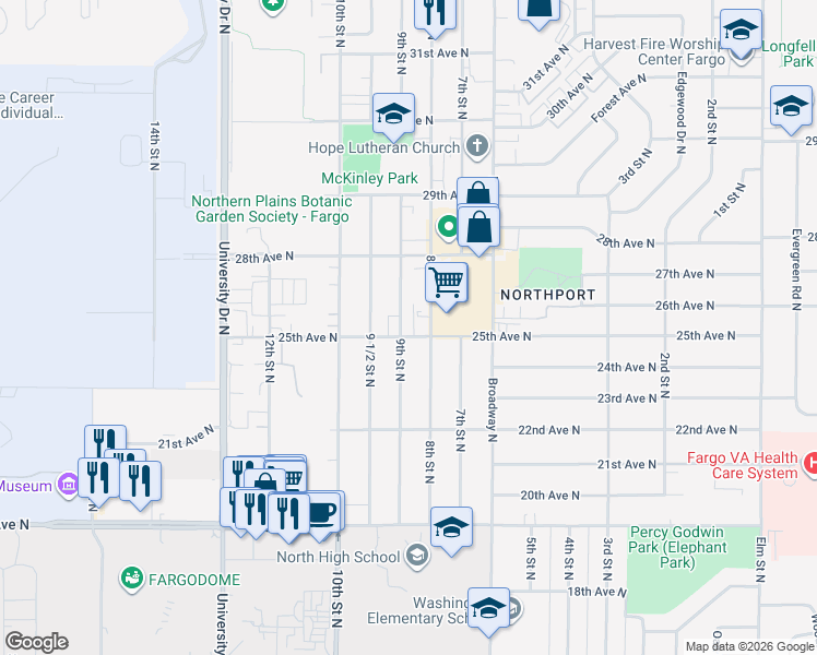 map of restaurants, bars, coffee shops, grocery stores, and more near 2501 9th Street North in Fargo