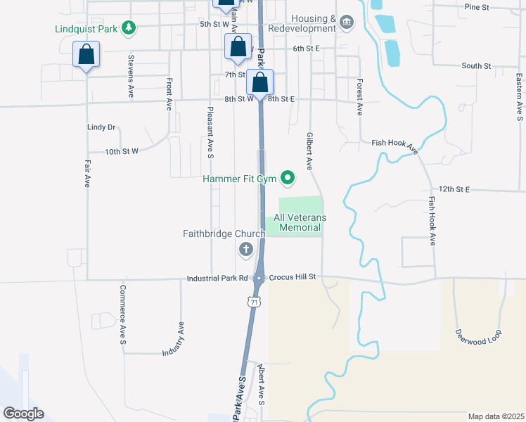 map of restaurants, bars, coffee shops, grocery stores, and more near Park Avenue South in Park Rapids