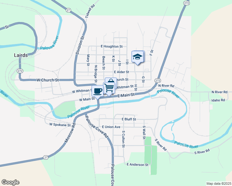 map of restaurants, bars, coffee shops, grocery stores, and more near 340 East Main Street in Palouse