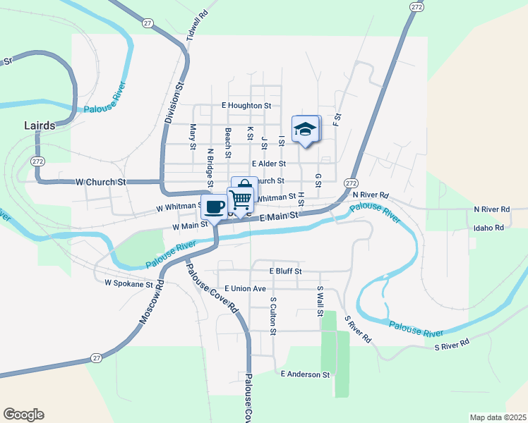 map of restaurants, bars, coffee shops, grocery stores, and more near 340 East Main Street in Palouse