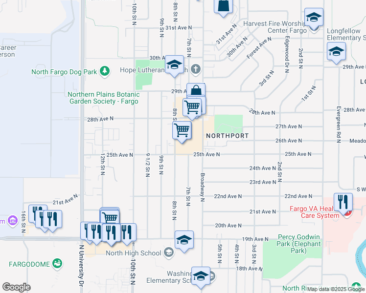 map of restaurants, bars, coffee shops, grocery stores, and more near 2510 North Broadway Drive in Fargo