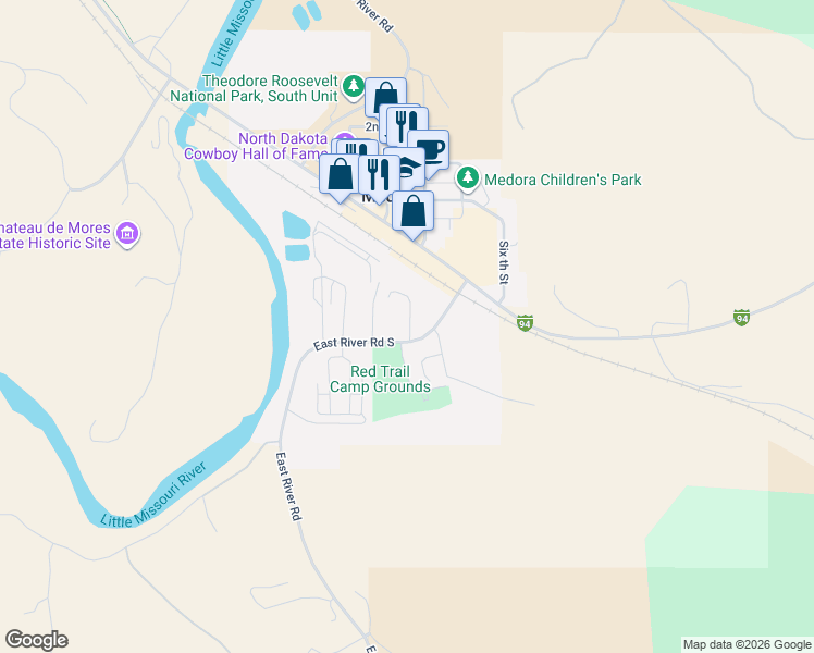 map of restaurants, bars, coffee shops, grocery stores, and more near 2nd Street South in Medora