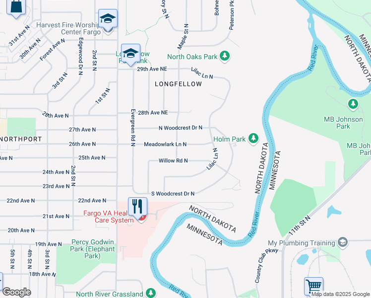 map of restaurants, bars, coffee shops, grocery stores, and more near 80 Meadowlark Ln N in Fargo