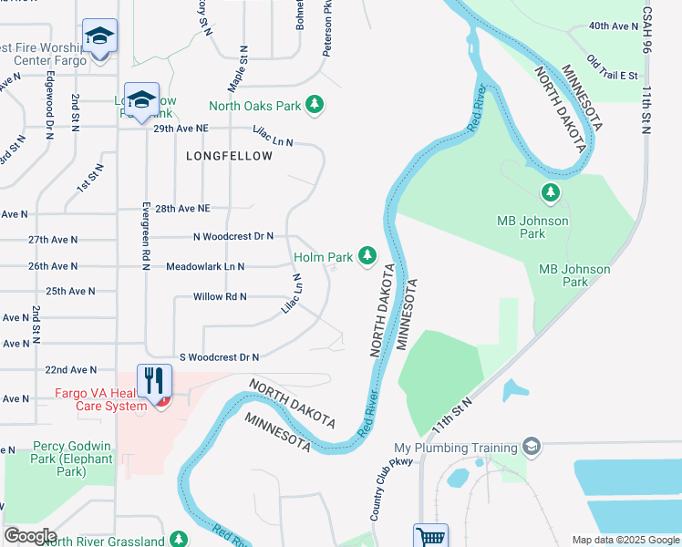 map of restaurants, bars, coffee shops, grocery stores, and more near 144 North Woodcrest Drive North in Fargo