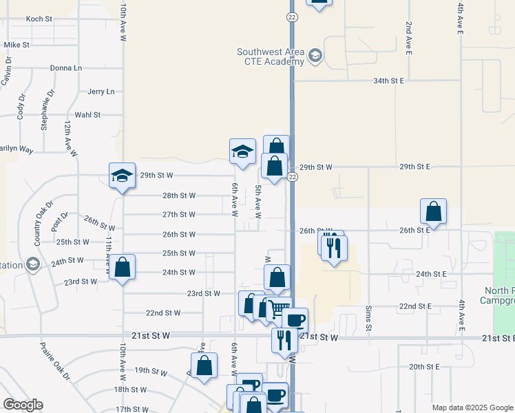 map of restaurants, bars, coffee shops, grocery stores, and more near 2749-2809 5th Avenue West in Dickinson