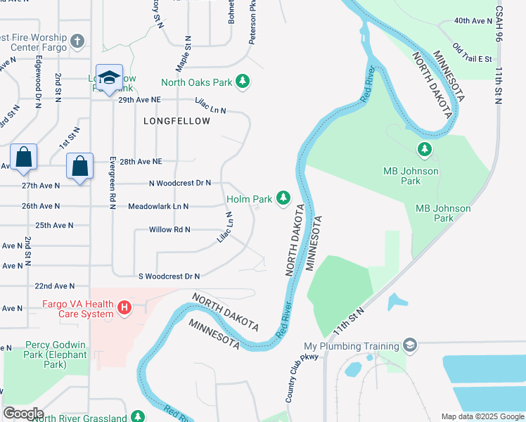 map of restaurants, bars, coffee shops, grocery stores, and more near 144 North Woodcrest Drive North in Fargo