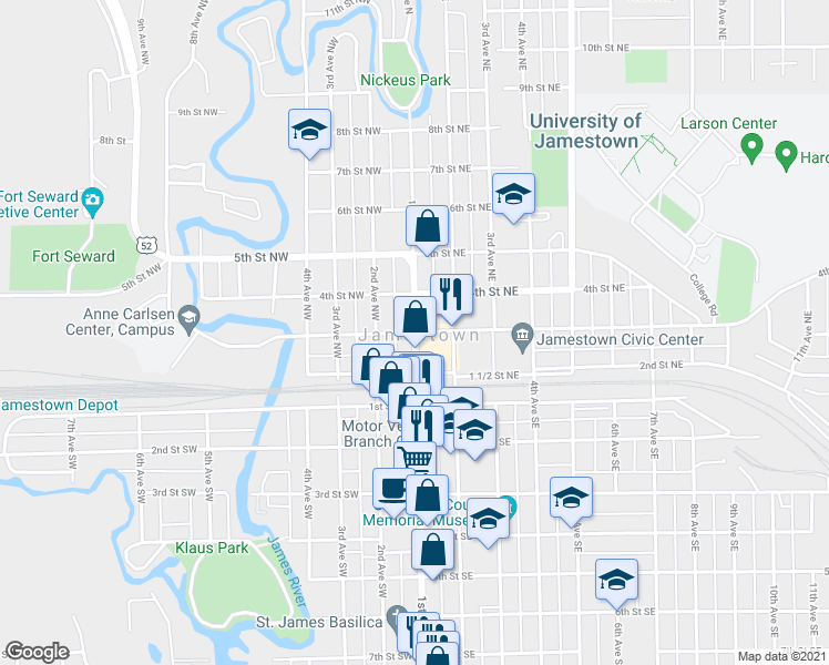map of restaurants, bars, coffee shops, grocery stores, and more near in Jamestown