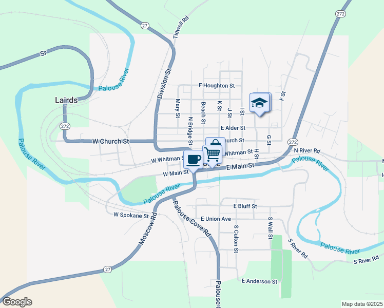 map of restaurants, bars, coffee shops, grocery stores, and more near Bridge Street in Palouse