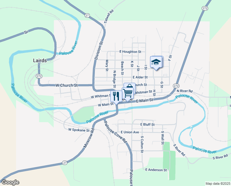 map of restaurants, bars, coffee shops, grocery stores, and more near Bridge Street in Palouse