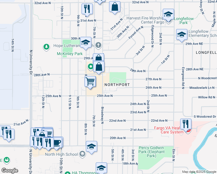 map of restaurants, bars, coffee shops, grocery stores, and more near 2525 Broadway North in Fargo