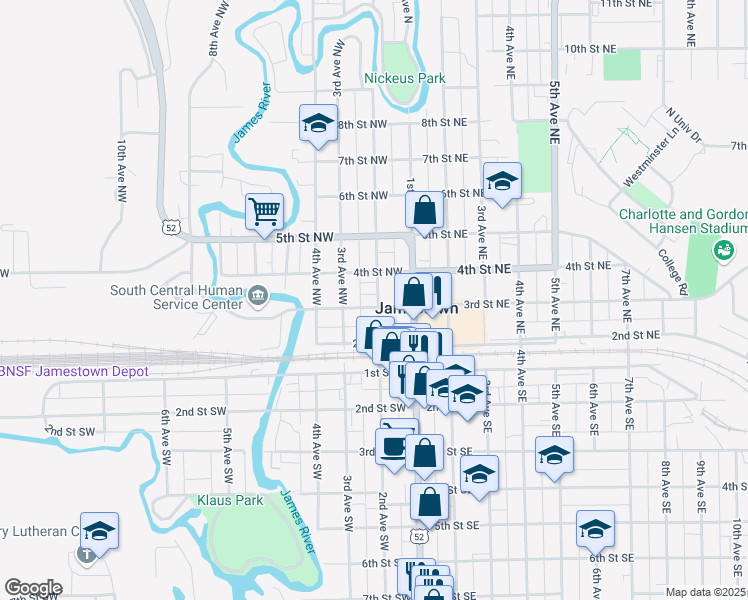 map of restaurants, bars, coffee shops, grocery stores, and more near 321 2nd Avenue Northwest in Jamestown