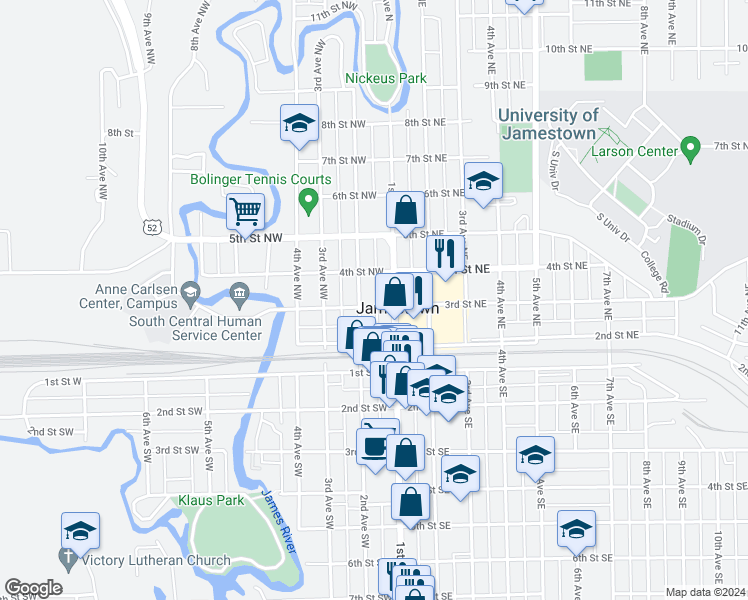 map of restaurants, bars, coffee shops, grocery stores, and more near 114 3rd Street Northwest in Jamestown