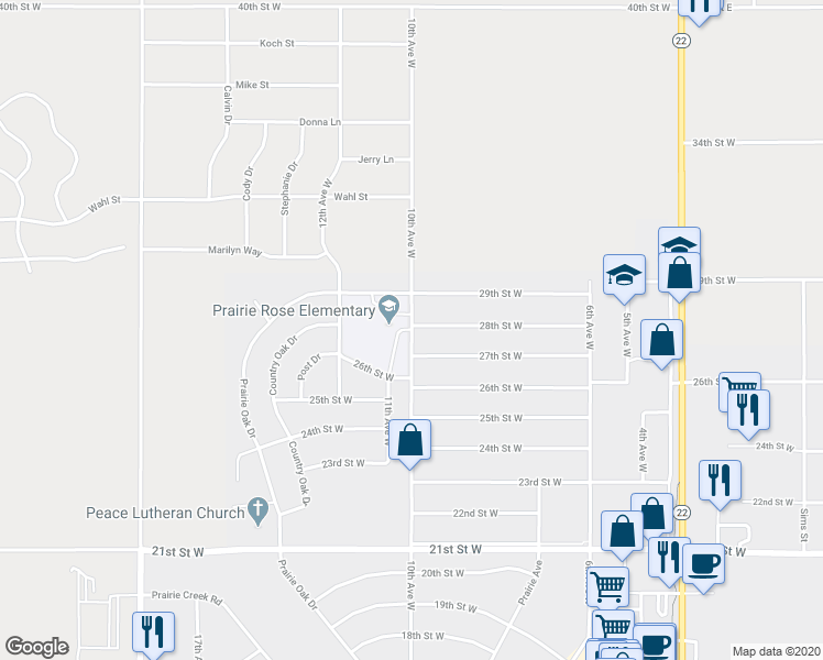 map of restaurants, bars, coffee shops, grocery stores, and more near 2785 10th Avenue West in Dickinson