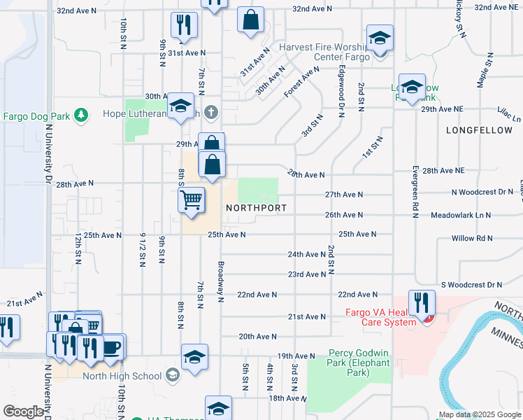 map of restaurants, bars, coffee shops, grocery stores, and more near 350 26th Avenue North in Fargo