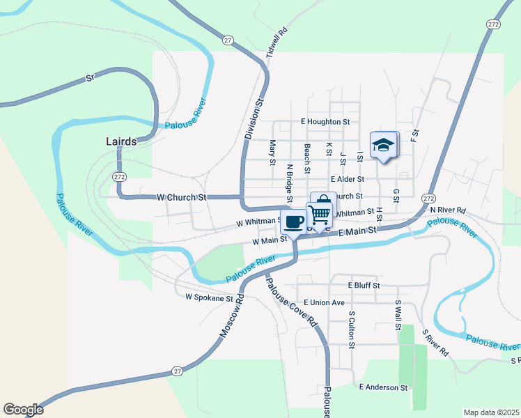 map of restaurants, bars, coffee shops, grocery stores, and more near Echanove Ave in Palouse