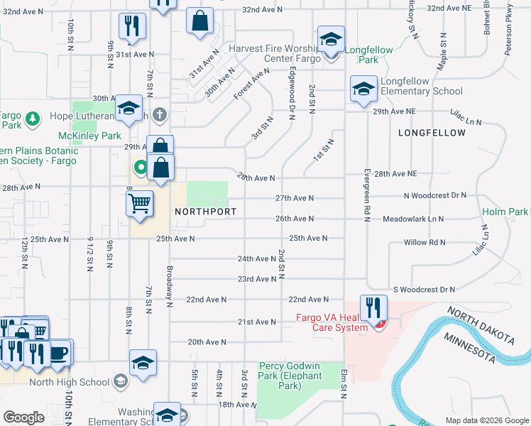 map of restaurants, bars, coffee shops, grocery stores, and more near 213 26th Avenue North in Fargo