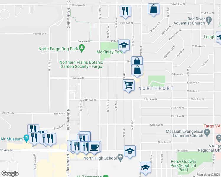 map of restaurants, bars, coffee shops, grocery stores, and more near 2605 9 1/2 Street North in Fargo