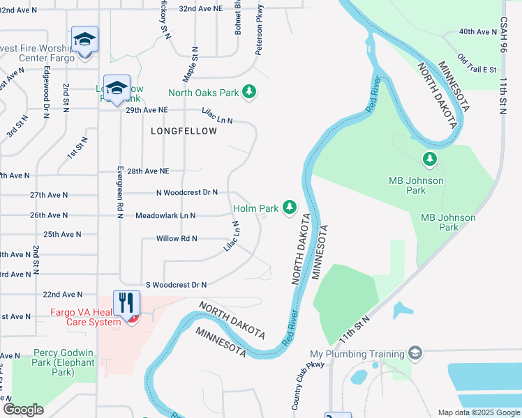 map of restaurants, bars, coffee shops, grocery stores, and more near 144 North Woodcrest Drive North in Fargo