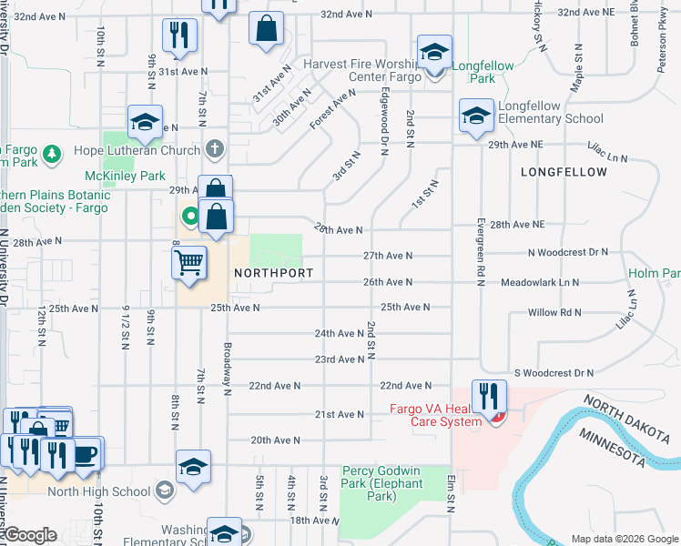 map of restaurants, bars, coffee shops, grocery stores, and more near 213 26th Avenue North in Fargo