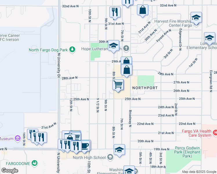 map of restaurants, bars, coffee shops, grocery stores, and more near 2605 9th Street North in Fargo
