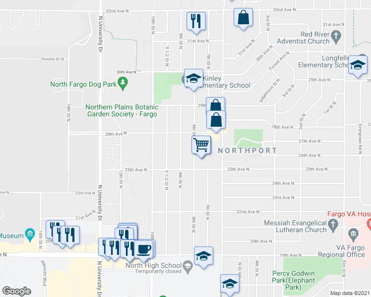 map of restaurants, bars, coffee shops, grocery stores, and more near 2605 9th Street North in Fargo