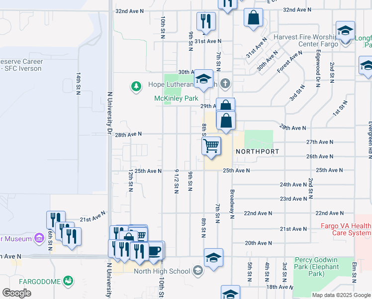 map of restaurants, bars, coffee shops, grocery stores, and more near 2605 9 1/2 Street North in Fargo