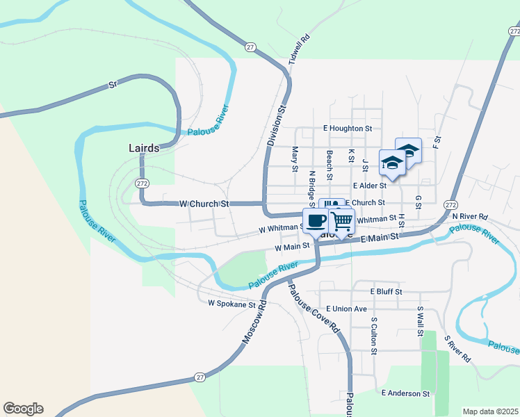 map of restaurants, bars, coffee shops, grocery stores, and more near Echanove Ave in Palouse