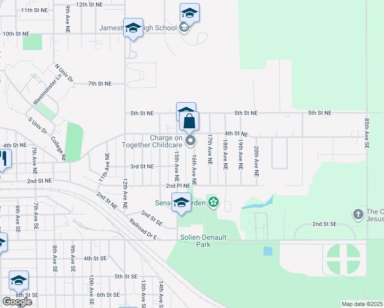 map of restaurants, bars, coffee shops, grocery stores, and more near 201-399 16th Avenue Northeast in Jamestown