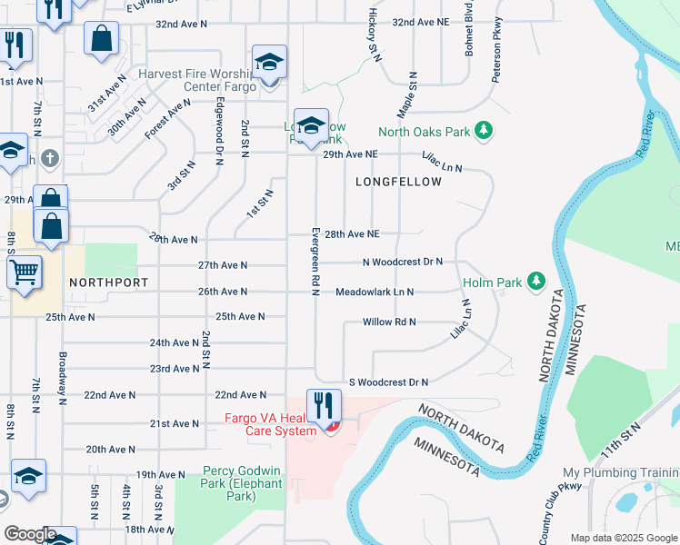 map of restaurants, bars, coffee shops, grocery stores, and more near 36 Meadowlark Lane North in Fargo