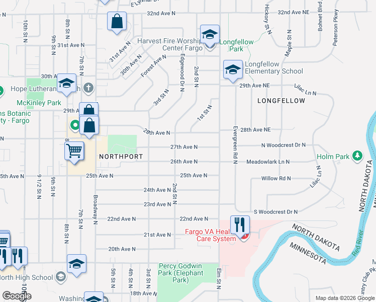 map of restaurants, bars, coffee shops, grocery stores, and more near 117 26th Ave N in Fargo