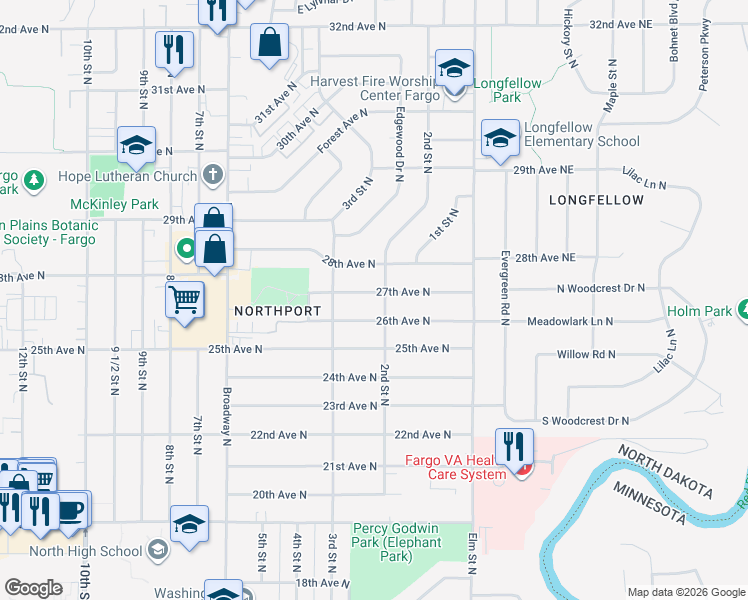 map of restaurants, bars, coffee shops, grocery stores, and more near 213 26th Avenue North in Fargo