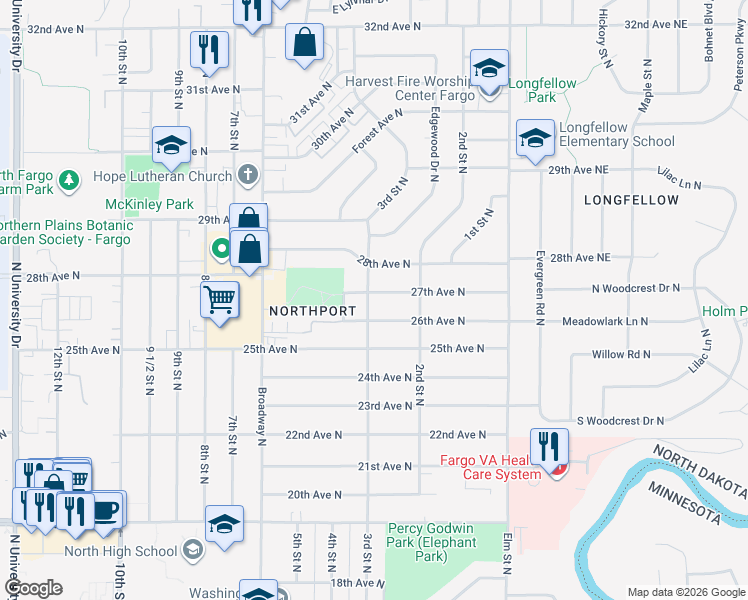 map of restaurants, bars, coffee shops, grocery stores, and more near 2602 3rd Street North in Fargo