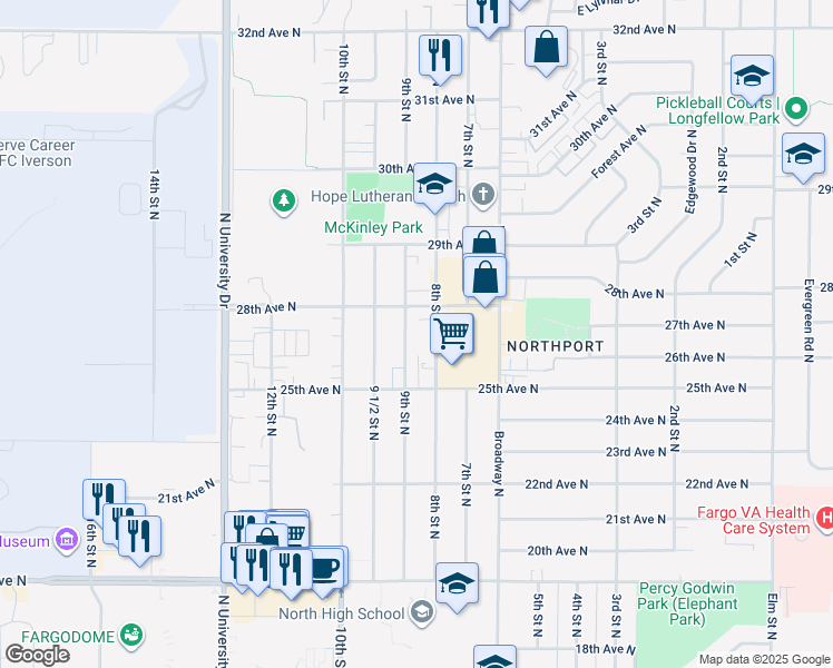map of restaurants, bars, coffee shops, grocery stores, and more near 2605 9th Street North in Fargo
